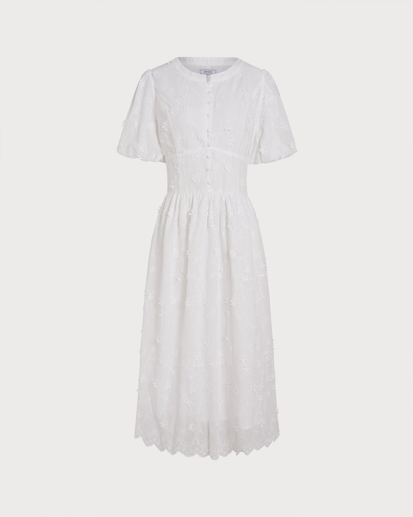 White Round Neck Floral Midi Dress
