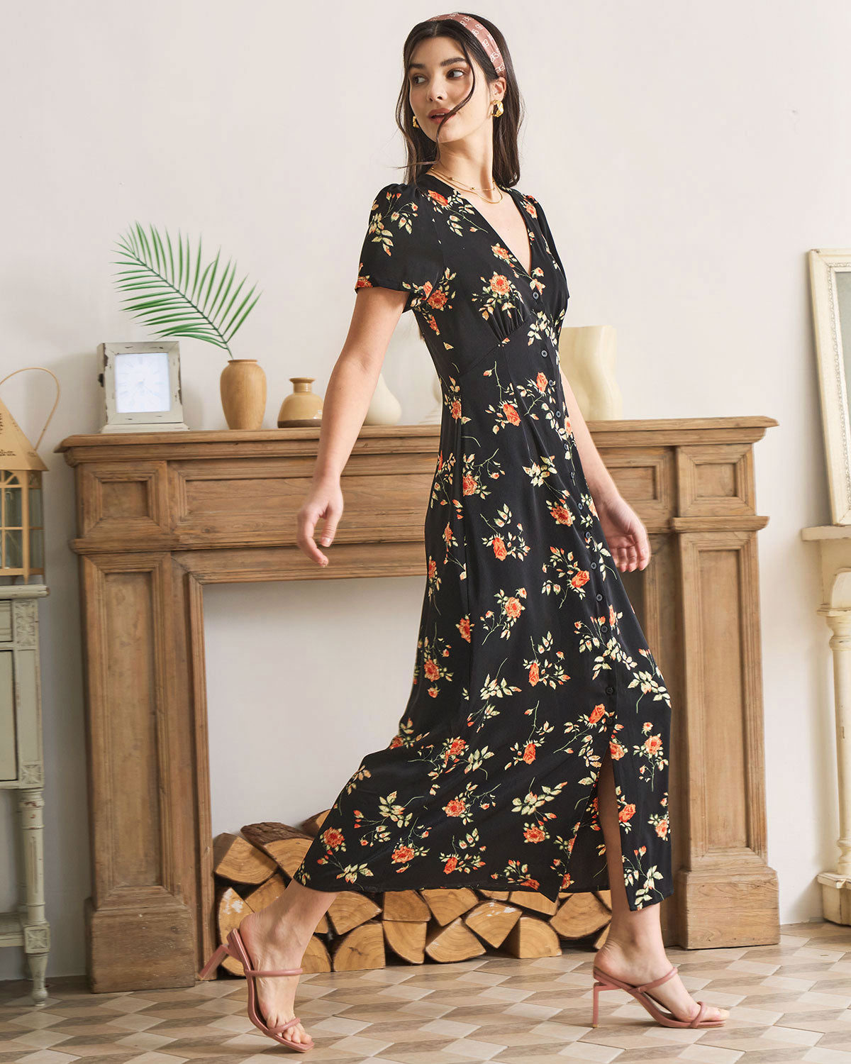 The Black V Neck Floral Short Sleeve Maxi Dress