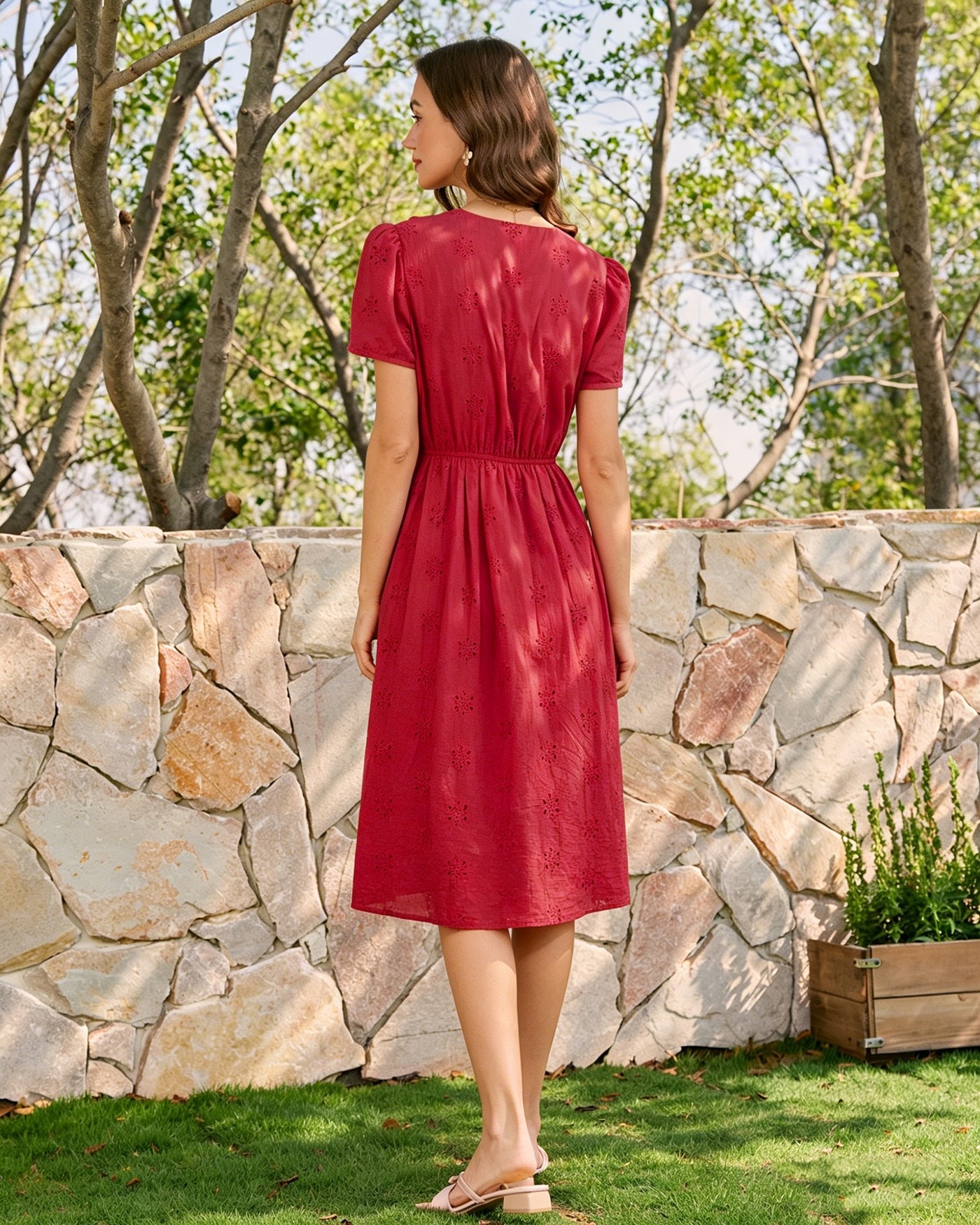 Red V Neck Embroidery Midi Dress