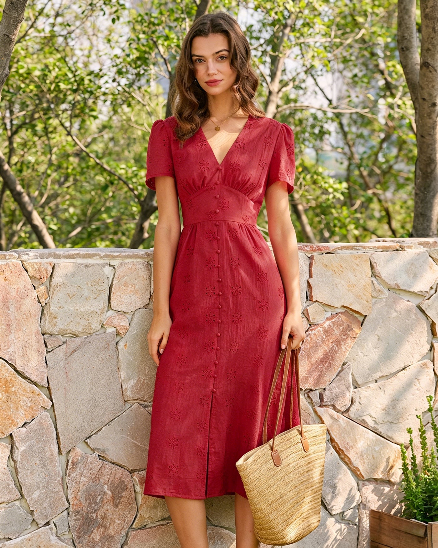 Red V Neck Embroidery Midi Dress