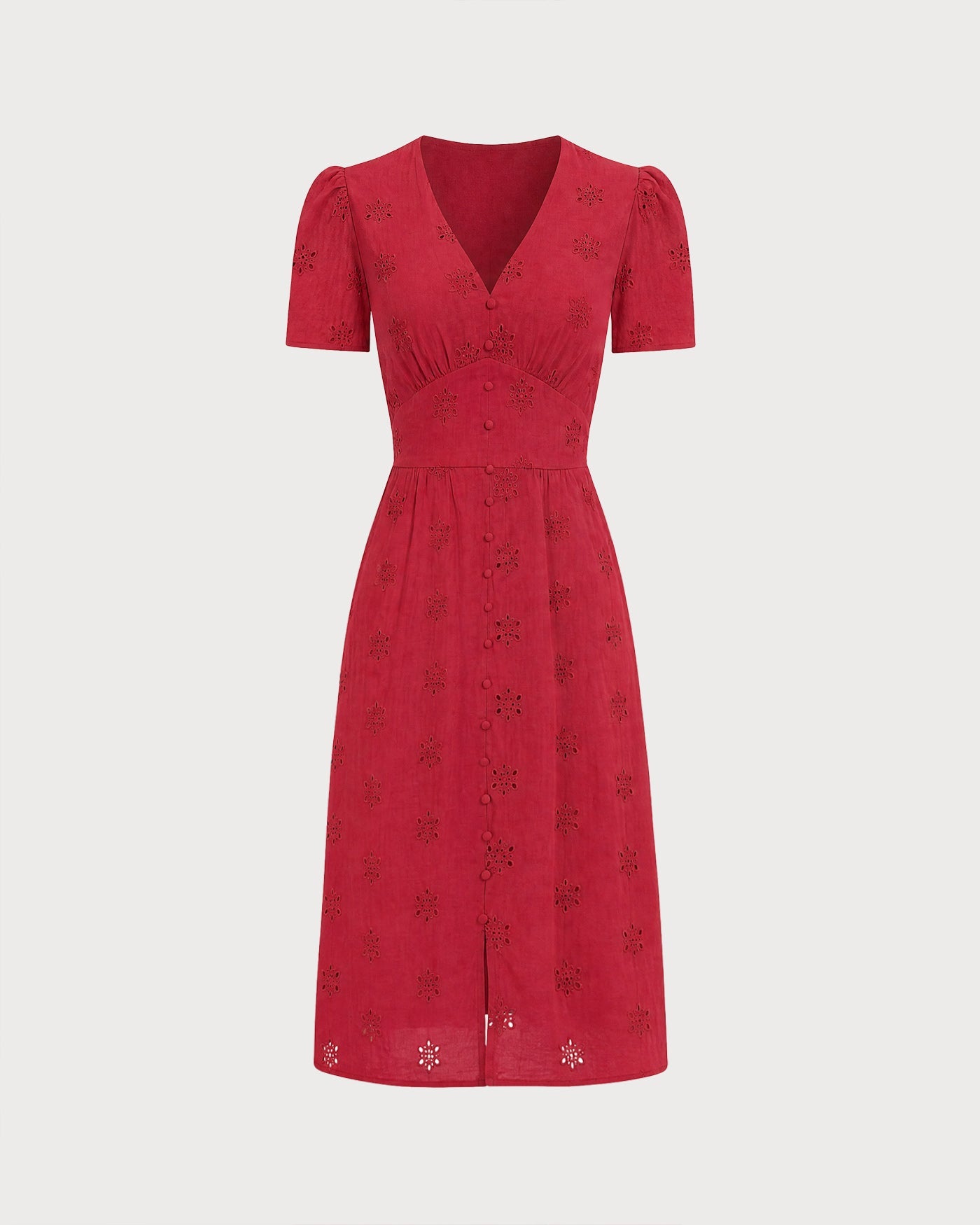 Red V Neck Embroidery Midi Dress