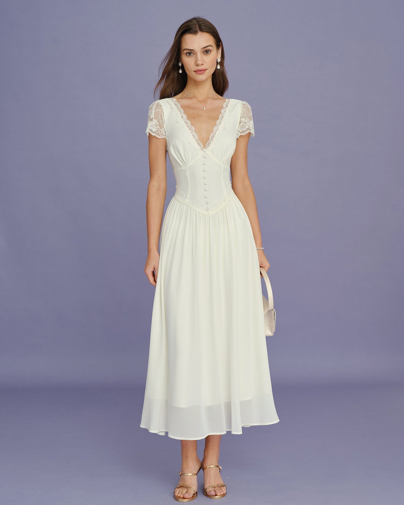 Apricot V Neck Lace Splicing Maxi Dress