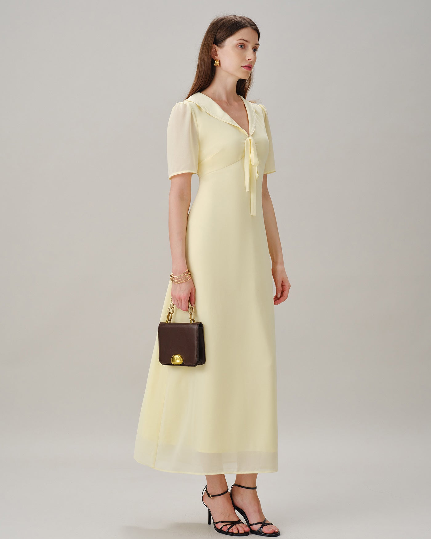 Yellow V Neck Tie Tunic Maxi Dress