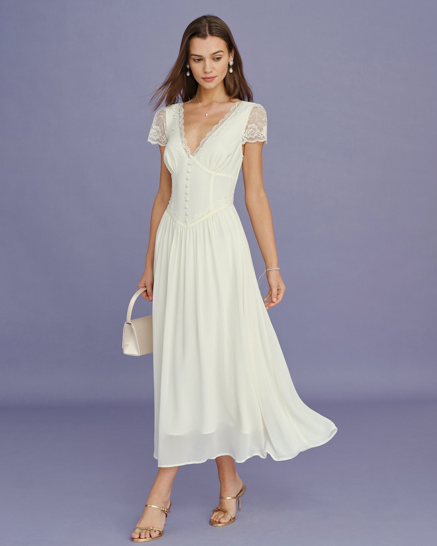 Apricot V Neck Lace Splicing Maxi Dress