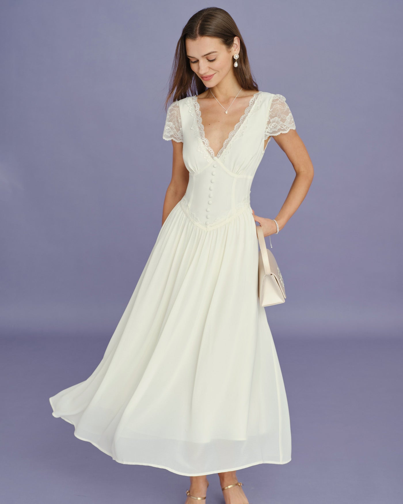 Apricot V Neck Lace Splicing Maxi Dress