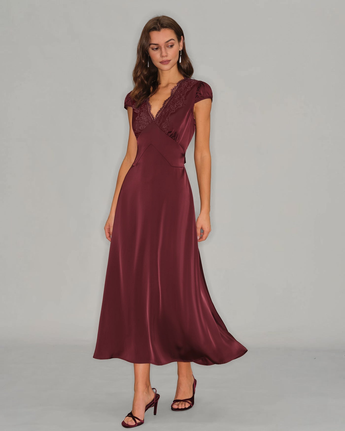 Wine Red V Neck Lace Maxi Dress