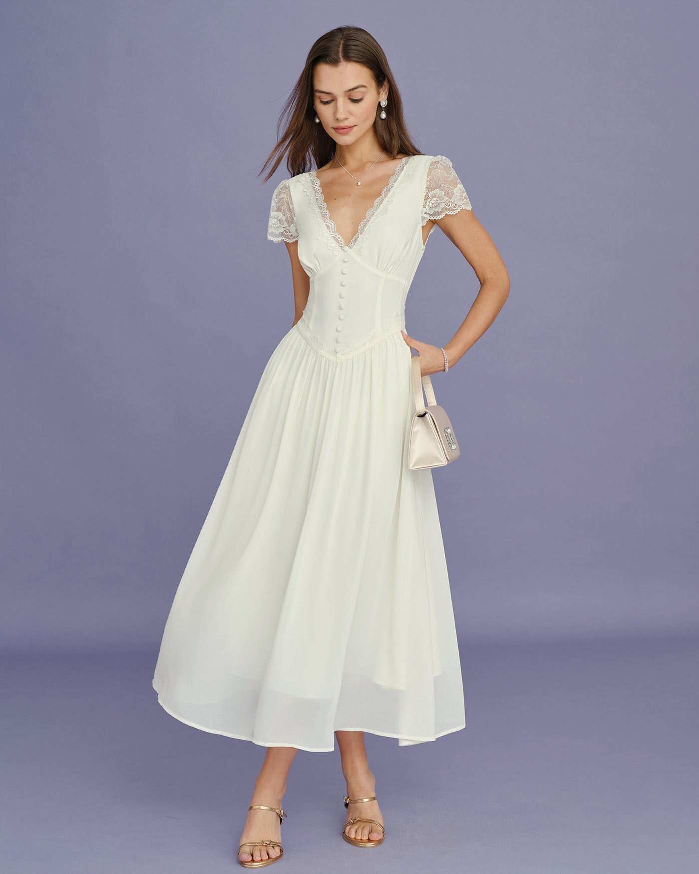 Apricot V Neck Lace Splicing Maxi Dress