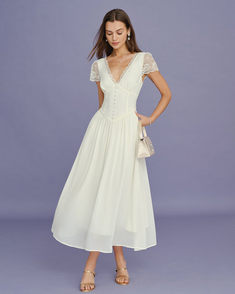 Apricot V Neck Lace Splicing Maxi Dress