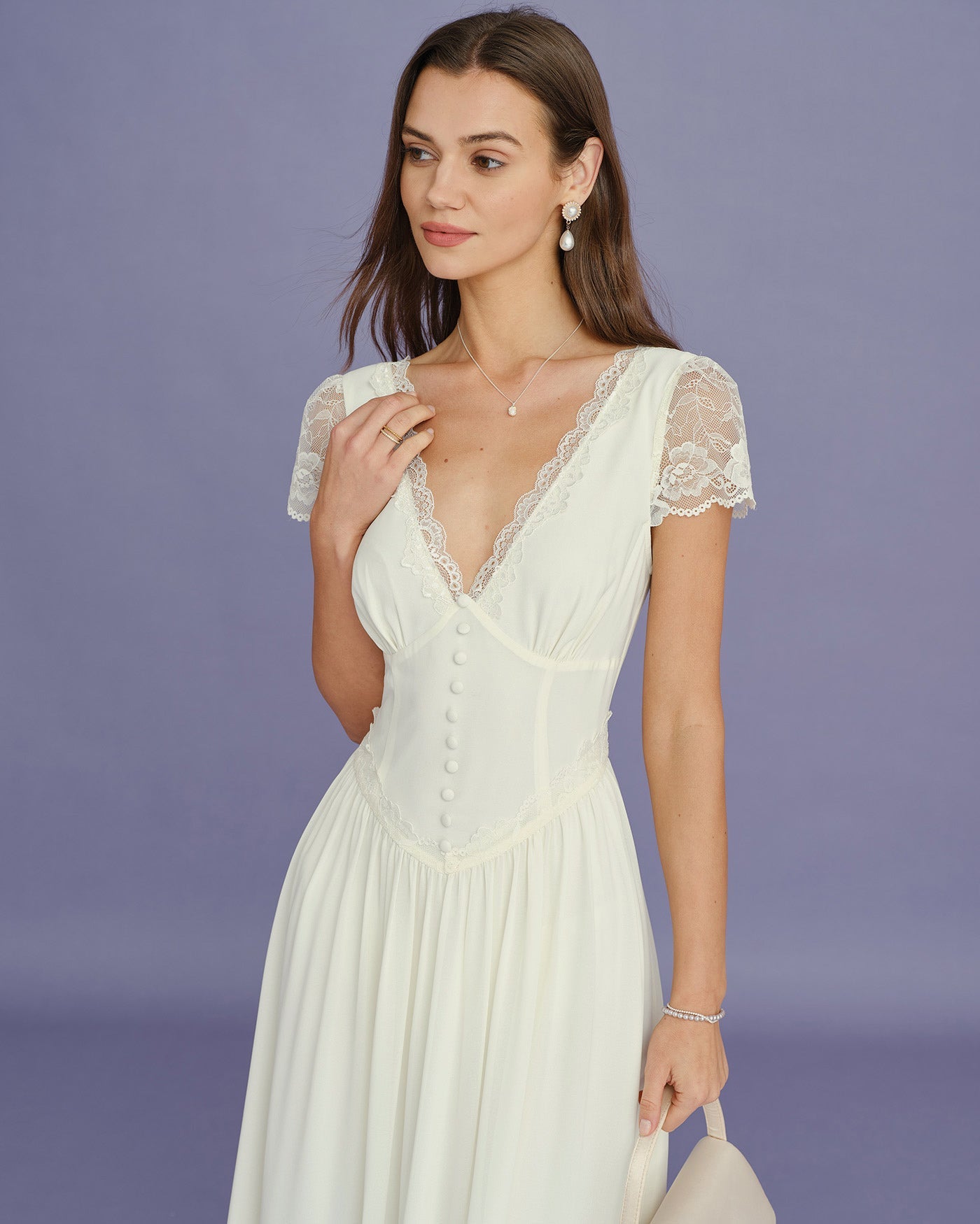 Apricot V Neck Lace Splicing Maxi Dress