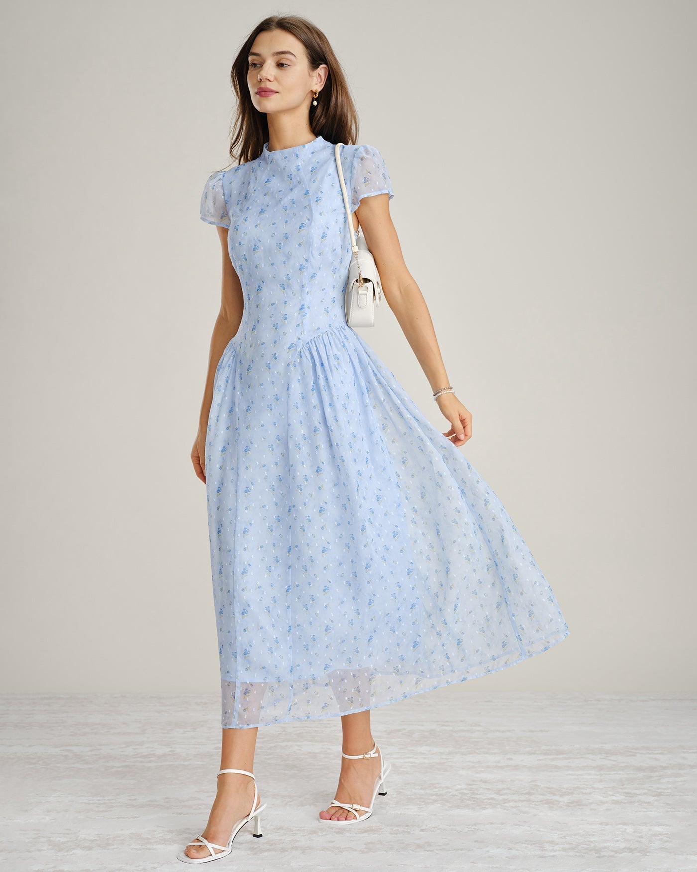 Blue Mock Neck Floral Chiffon Maxi Dress