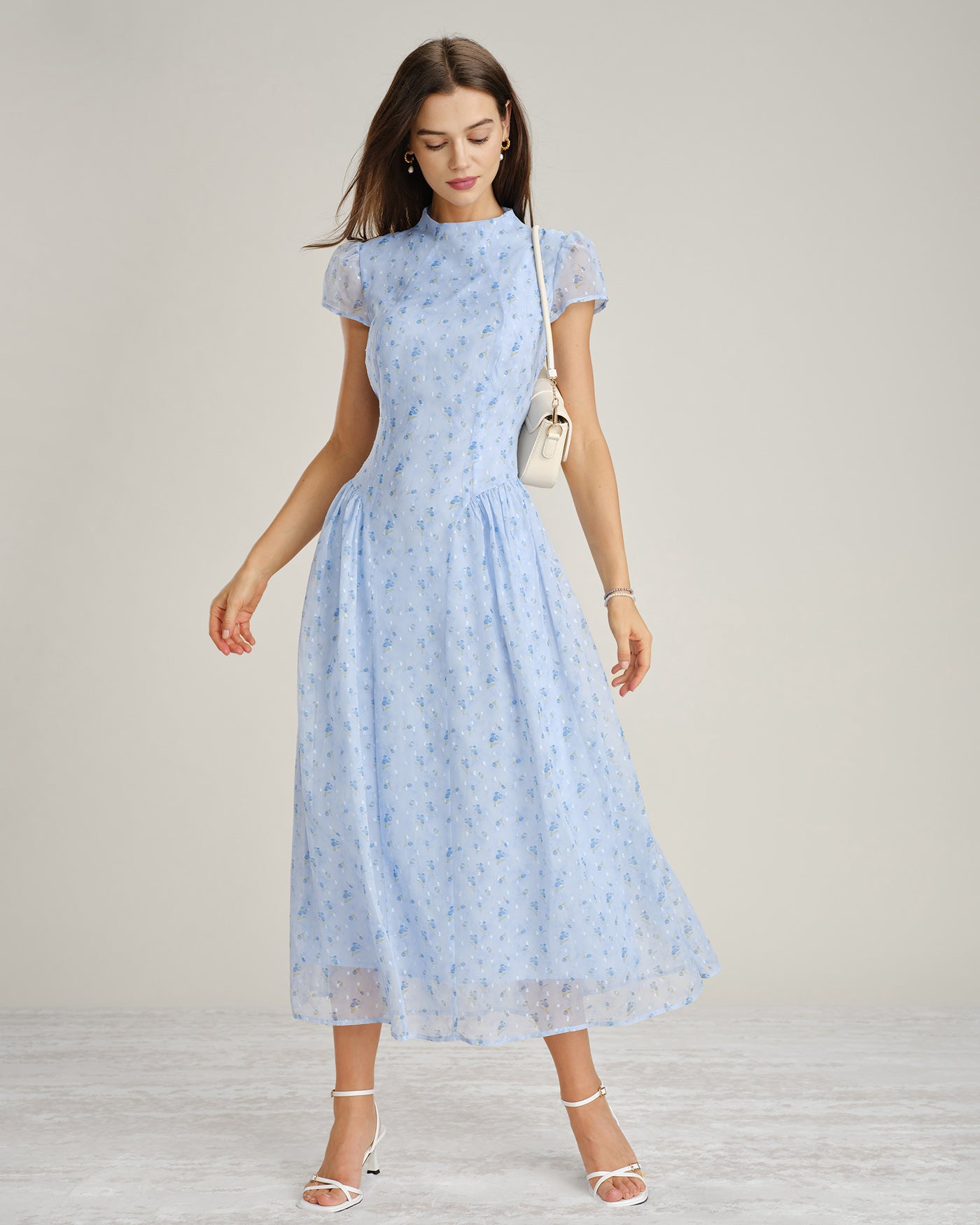 Blue Mock Neck Floral Chiffon Maxi Dress