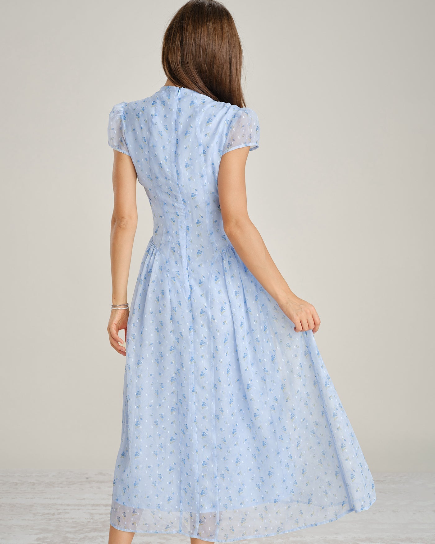 Blue Mock Neck Floral Chiffon Maxi Dress
