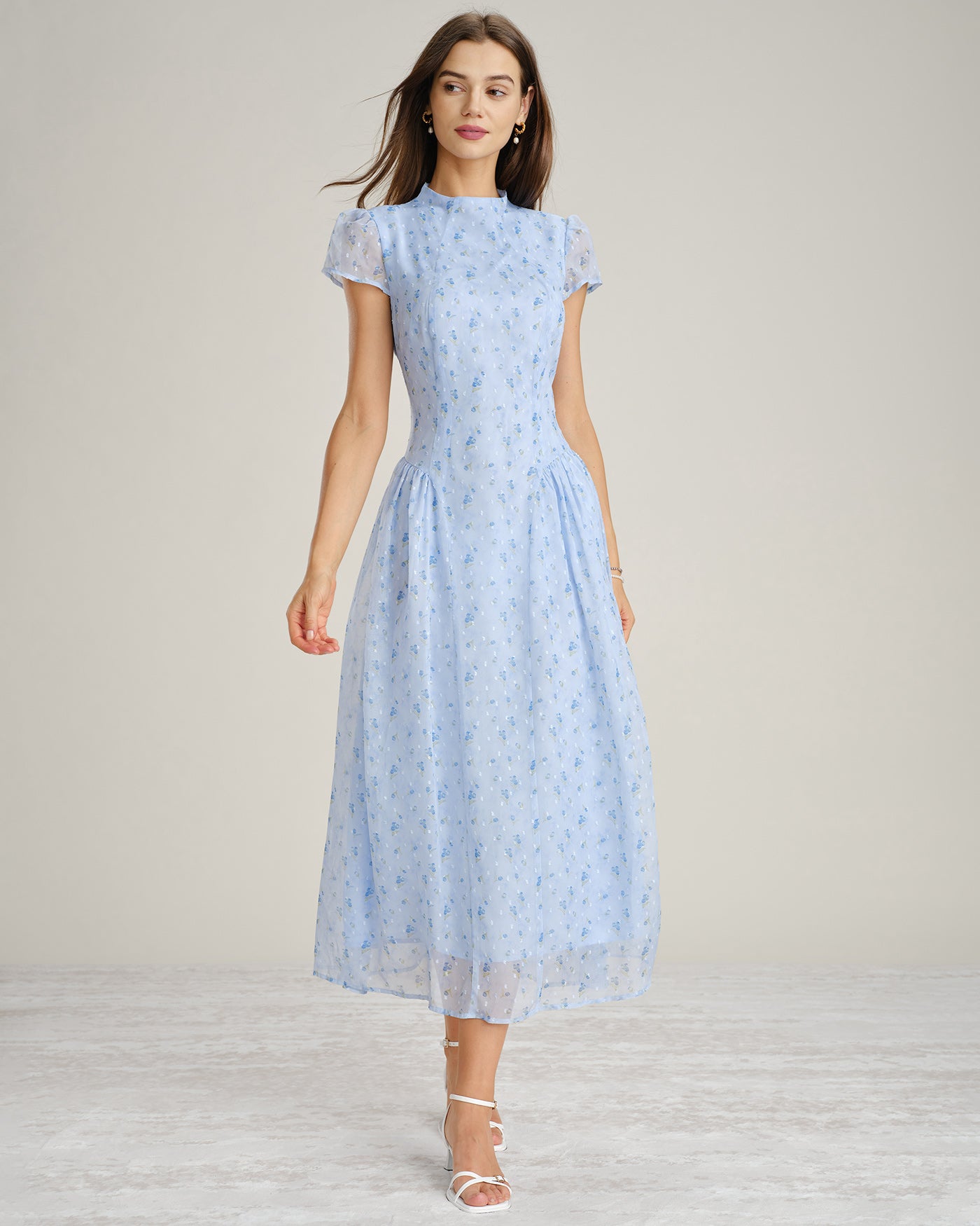 Blue Mock Neck Floral Chiffon Maxi Dress