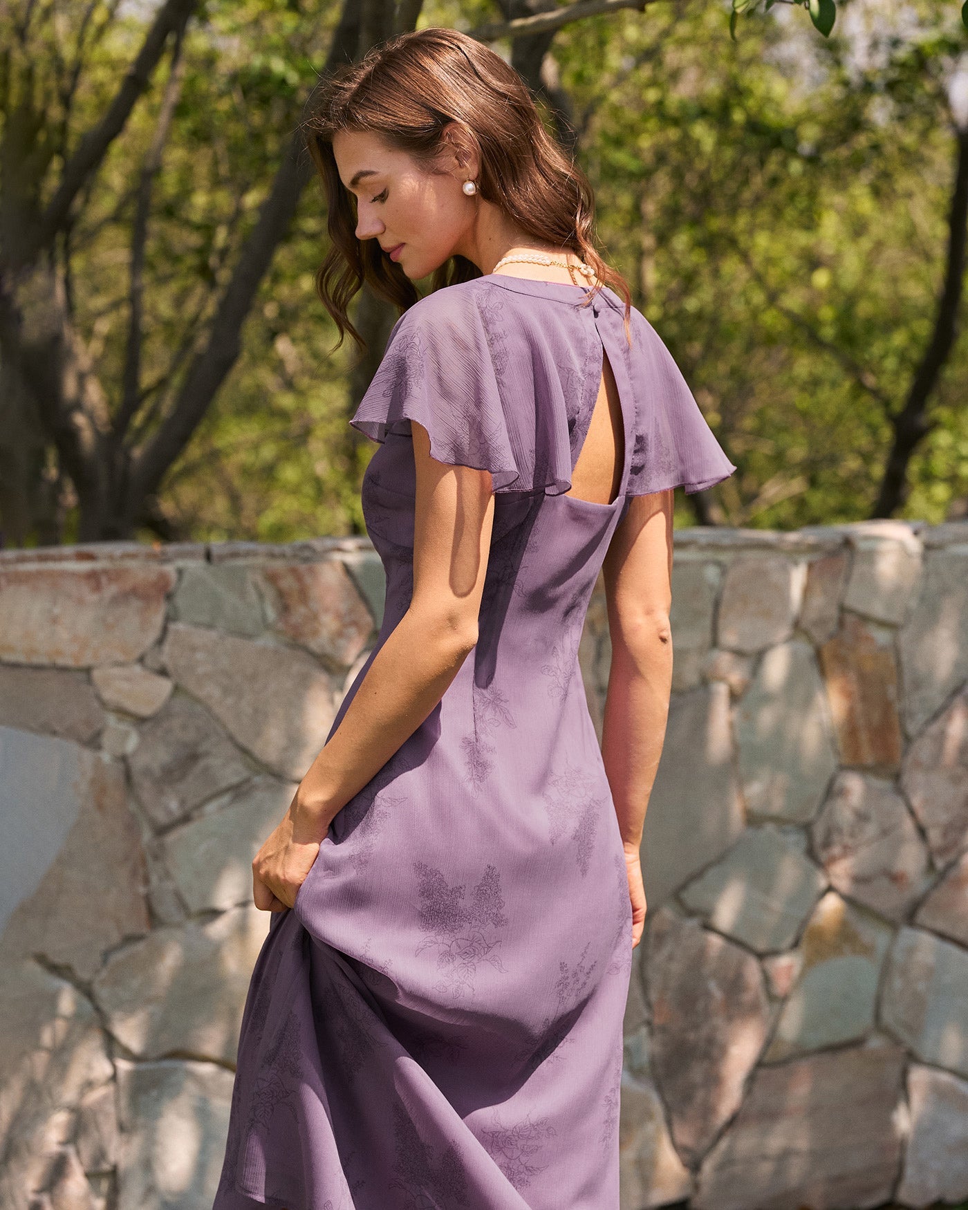 Purple V Neck Butterfly Sleeve Floral Midi Dress