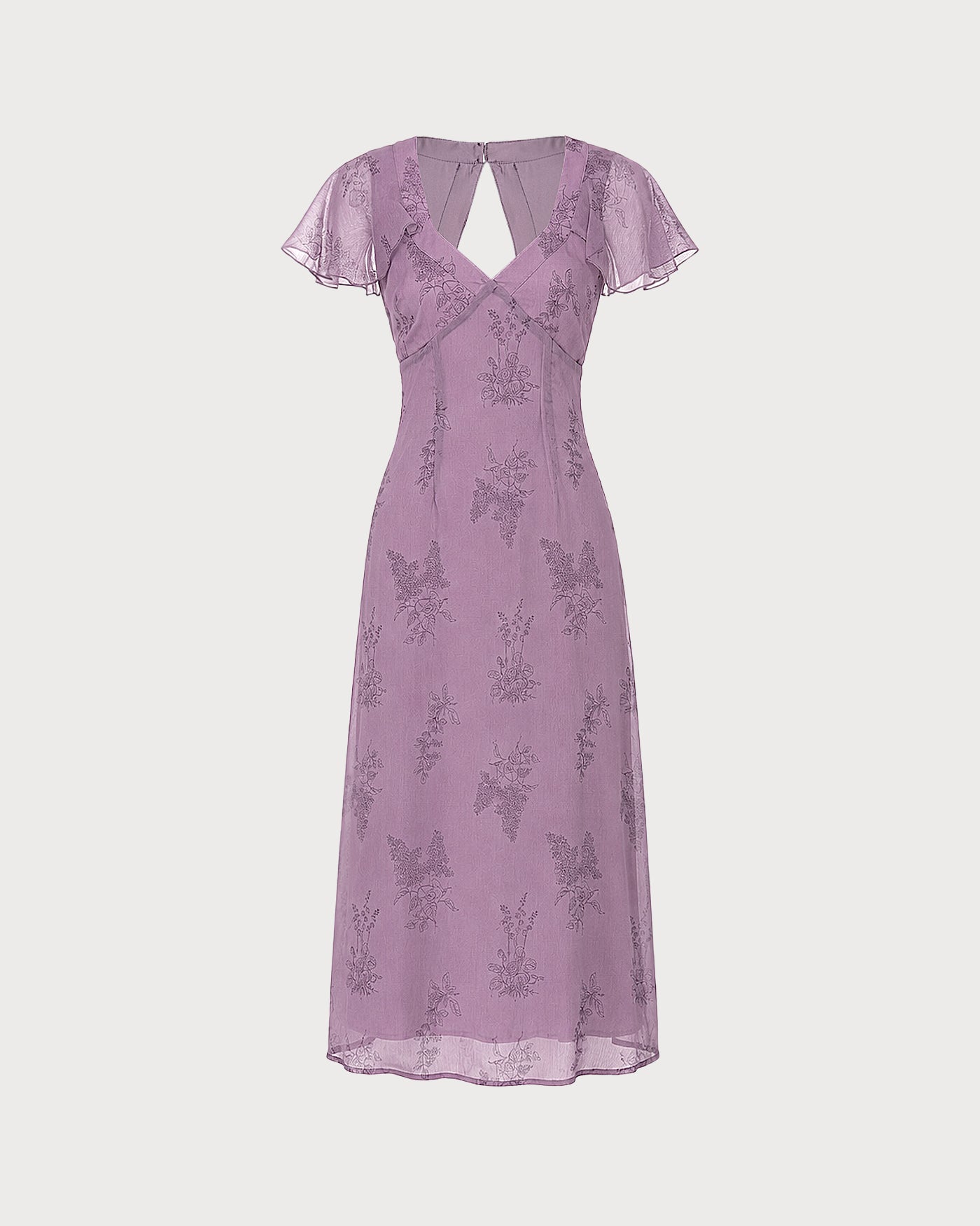 Purple V Neck Butterfly Sleeve Floral Midi Dress