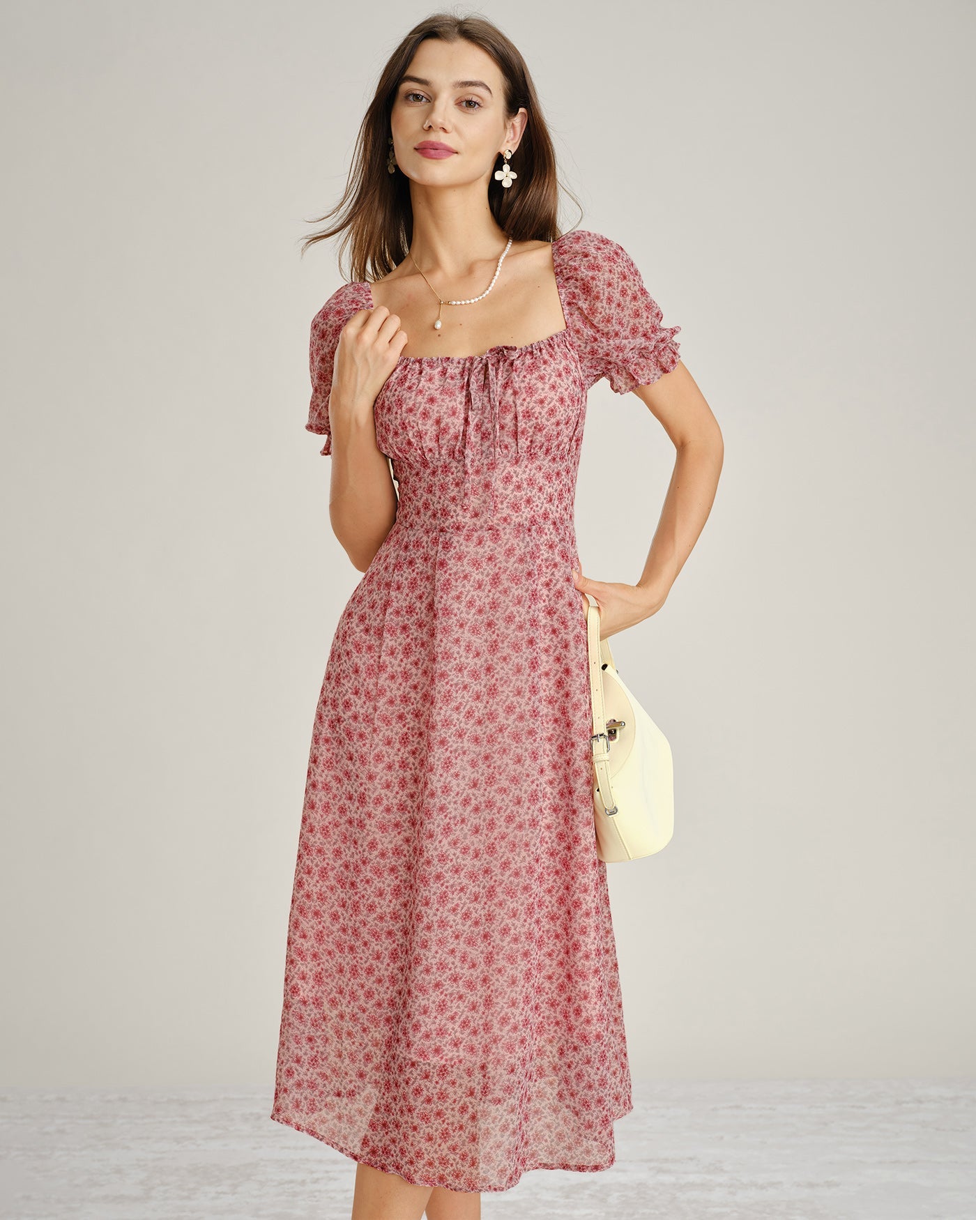 Pink Square Neck Floral Chiffon Midi Dress