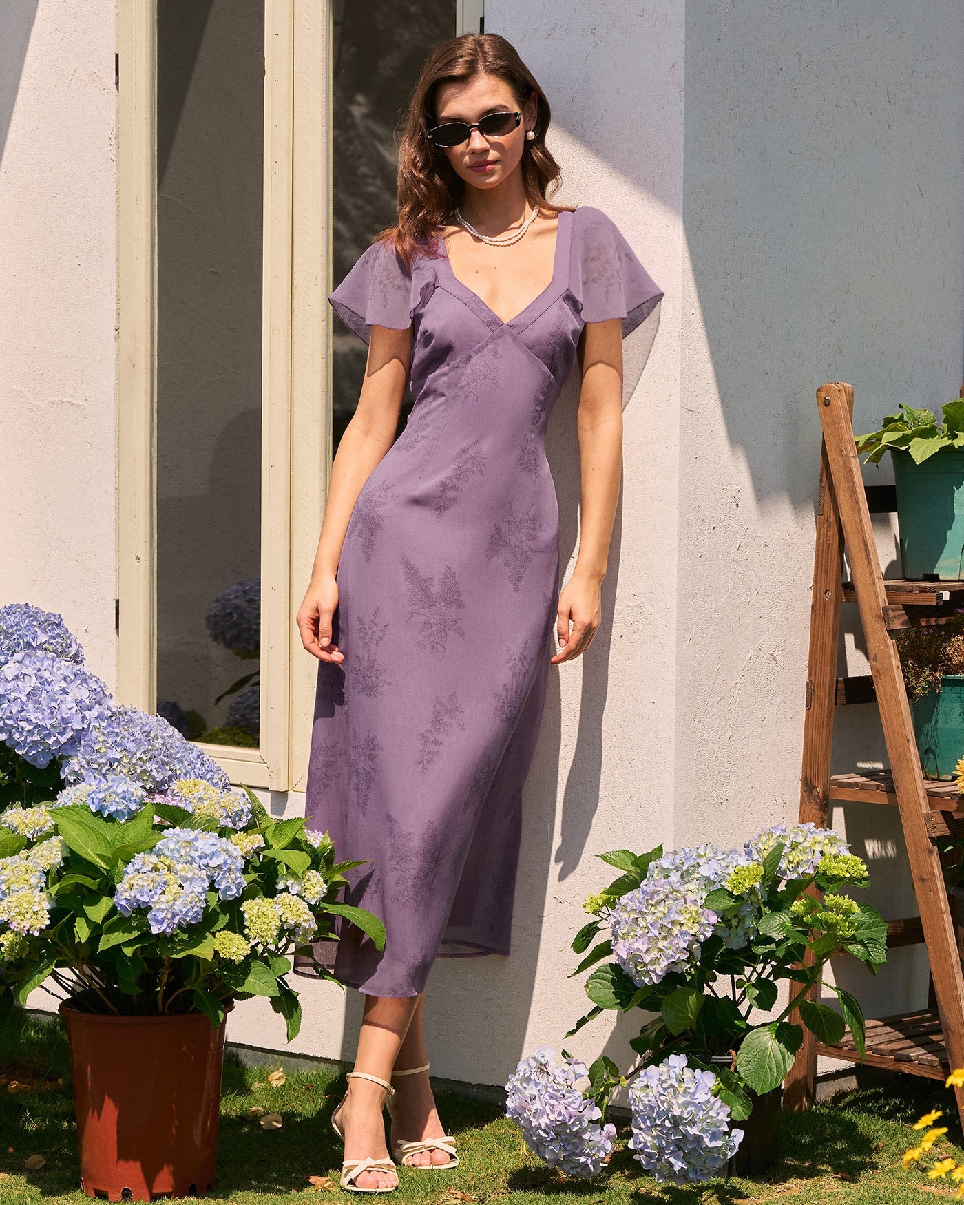 Purple V Neck Butterfly Sleeve Floral Midi Dress