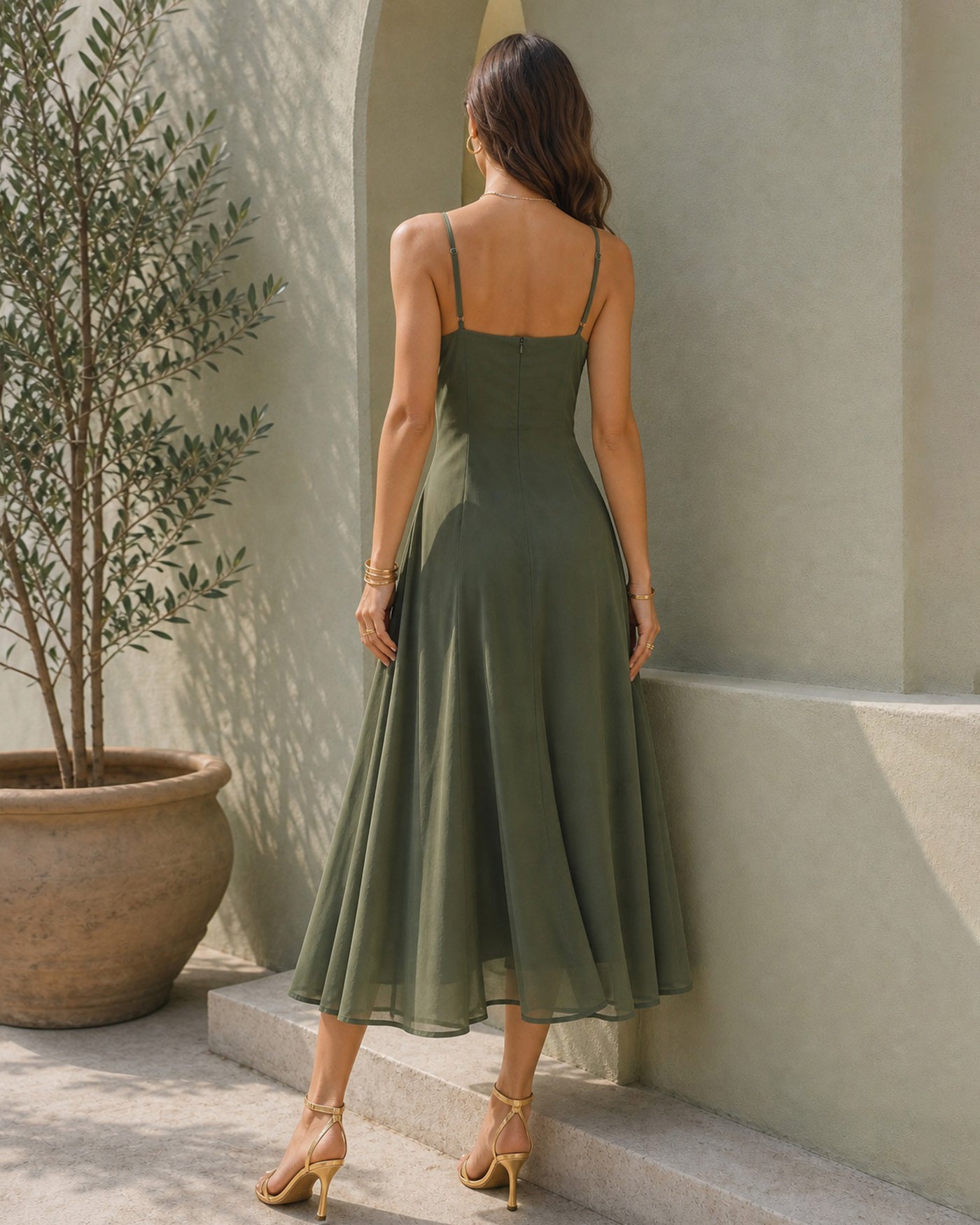 Green Cowl Neck Slip Chiffon Midi Dress