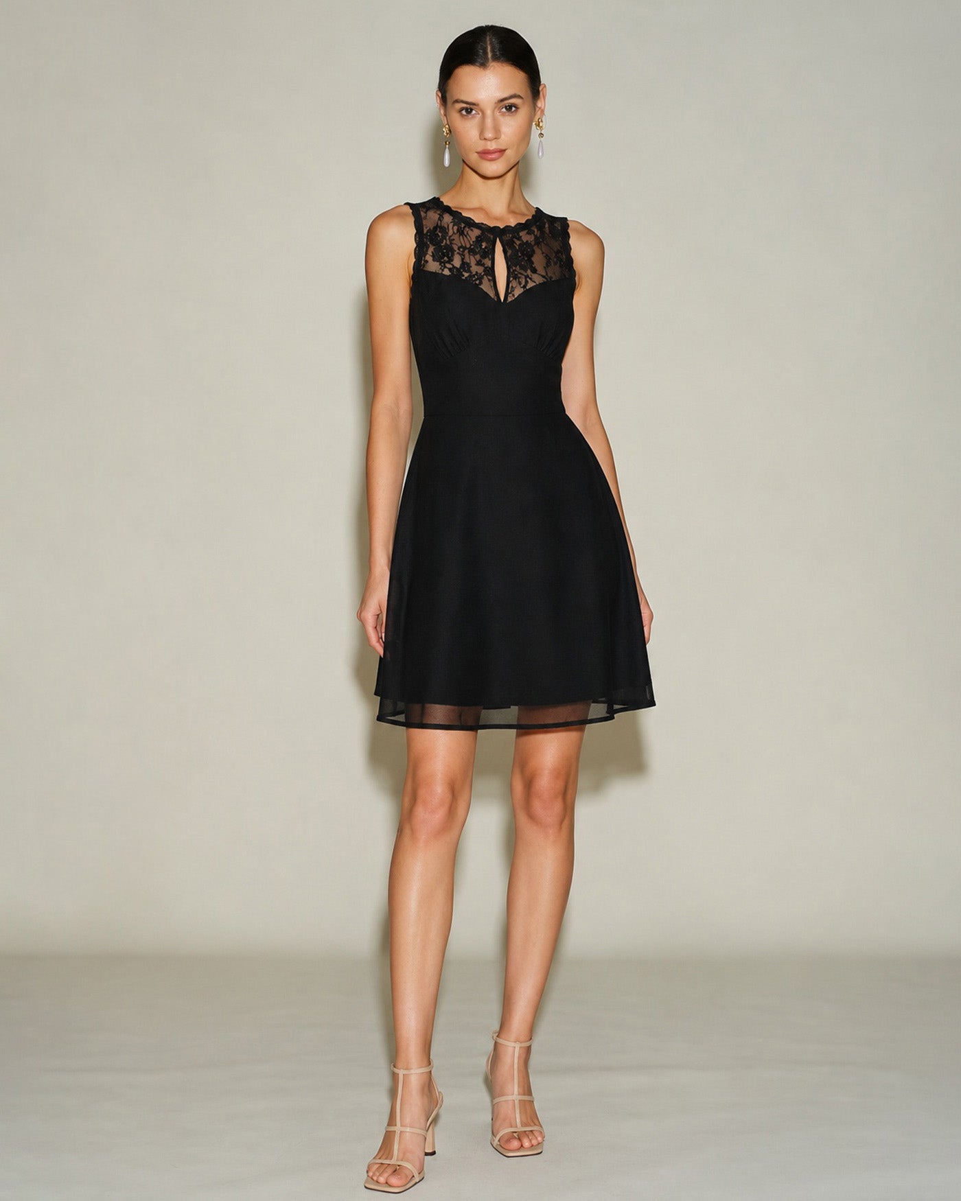 Black Sleeveless Boat Neck Lace Mini Dress