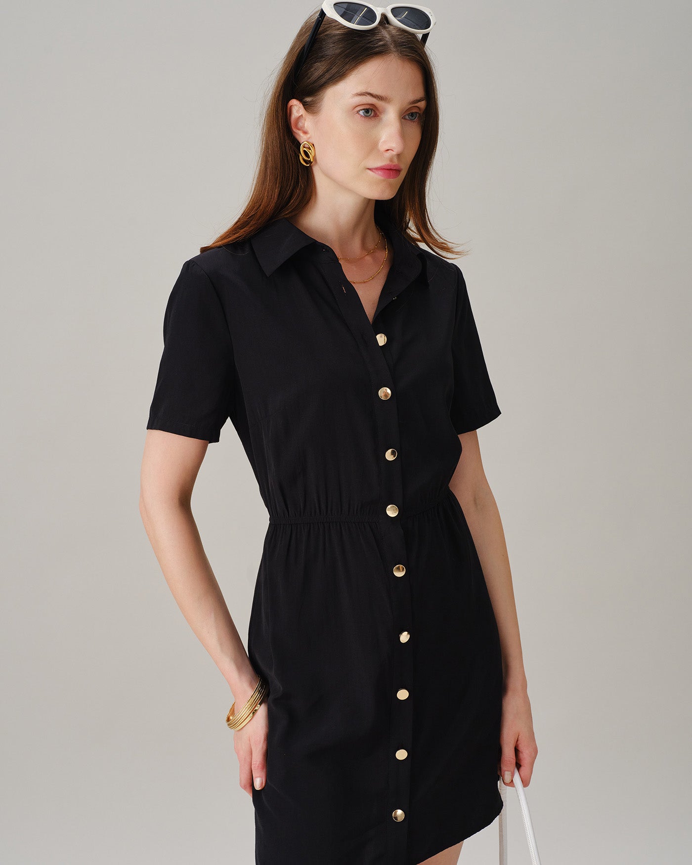 Black Collar Button Pockets Mini Dress
