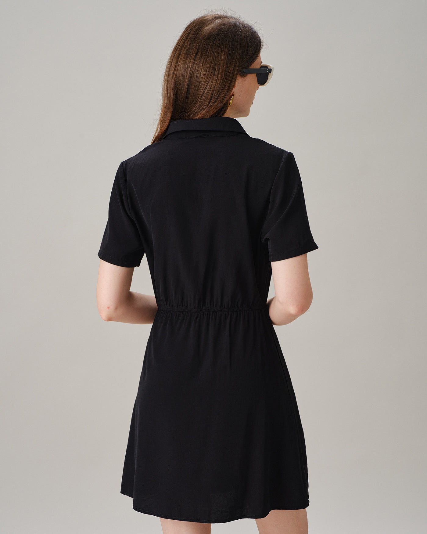 Black Collar Button Pockets Mini Dress