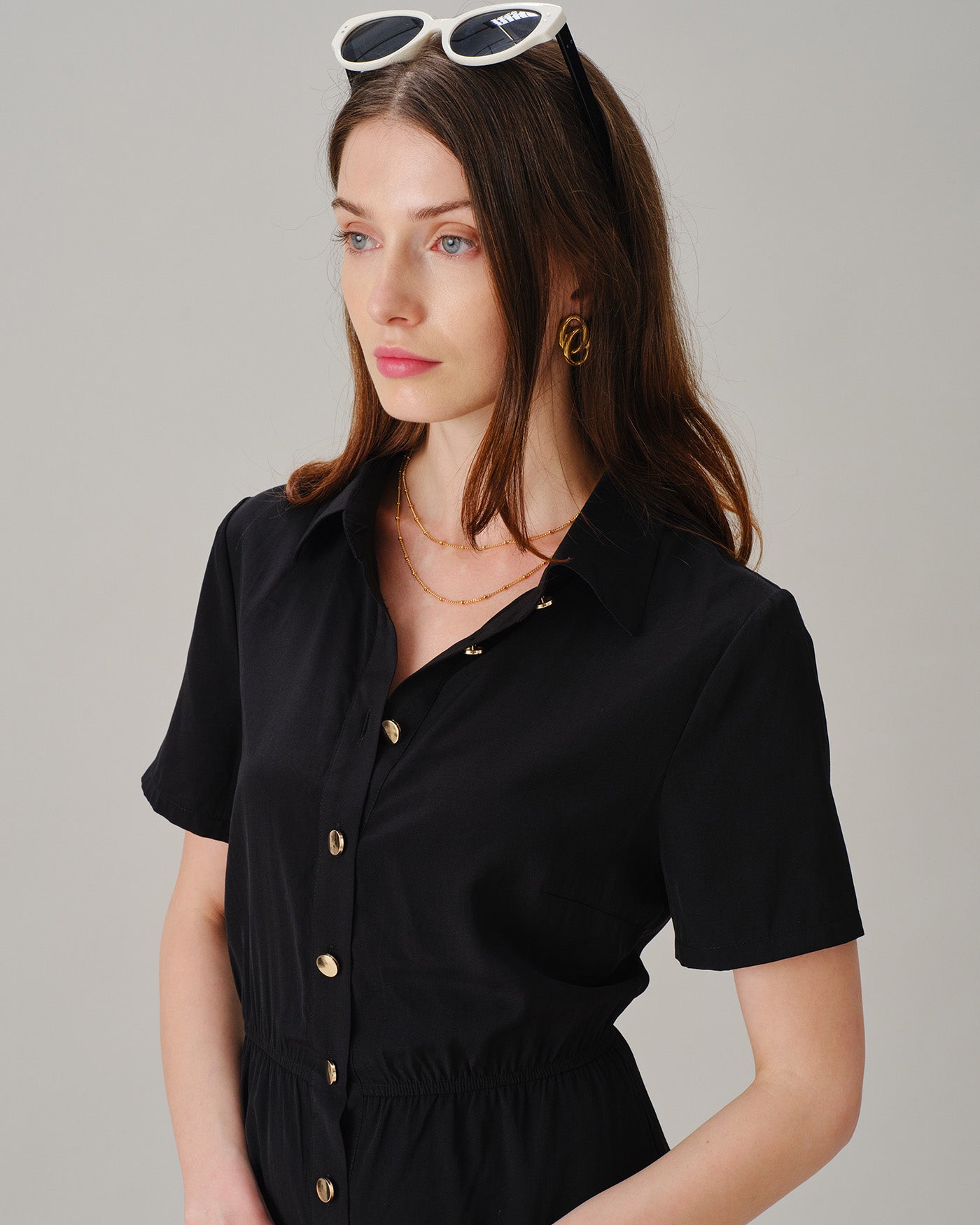 Black Collar Button Pockets Mini Dress